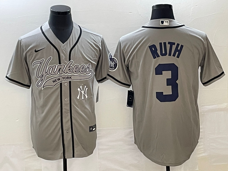 Men's New York Yankees #3 Babe Ruth Gray With Patch Cool Base Stitched Baseball Jersey